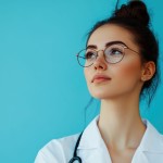Young woman doctor wearing glasses and a medical gown on a vibrant blue background representing healthcare and professionalism.