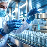 Sterile gloved hands hold a syringe and vial amidst(background) rows of humming machinery, blending medical research with industrial production in a modern facility.